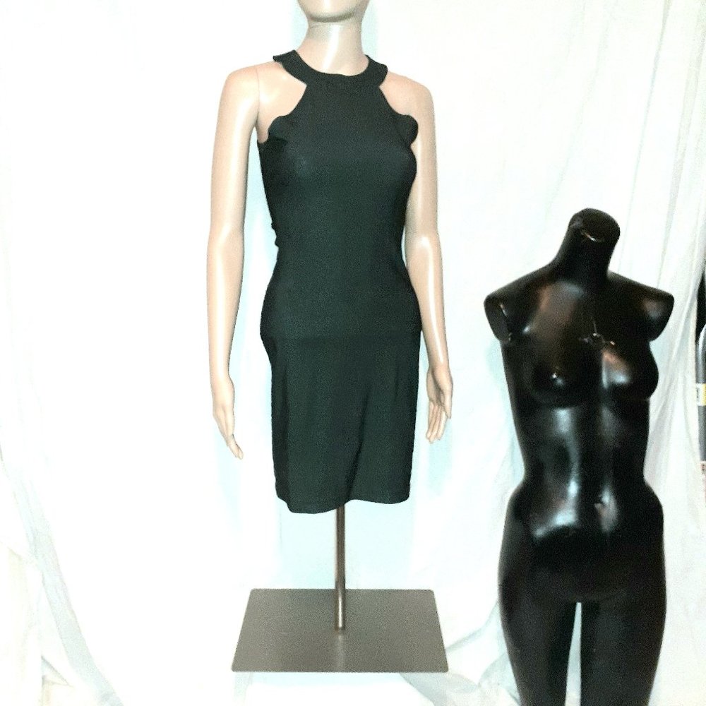 90s black shimmer round collar bodycon dress